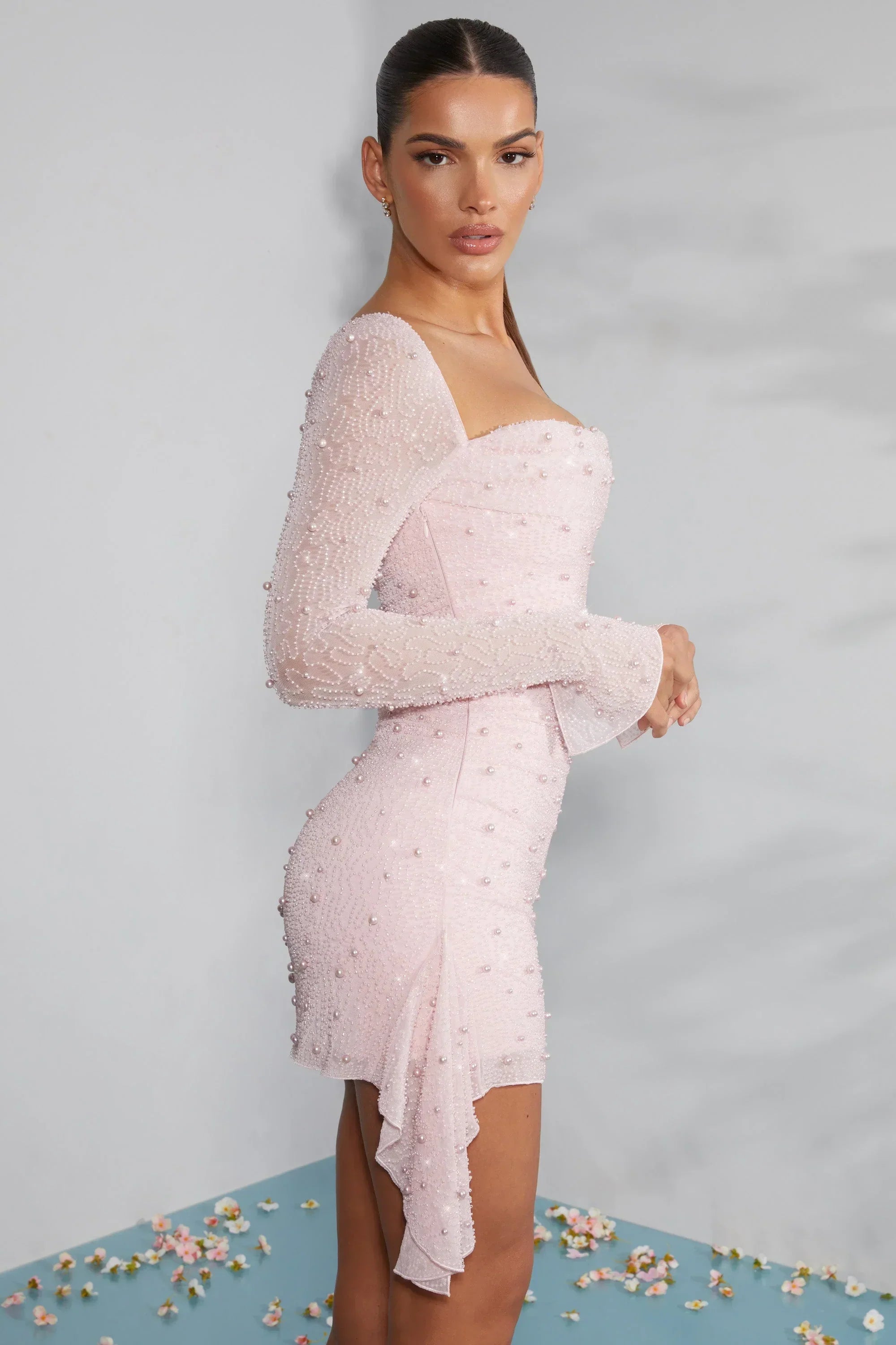 Long Sleeve Embellished Cowl Neck Mini Dress in Blush