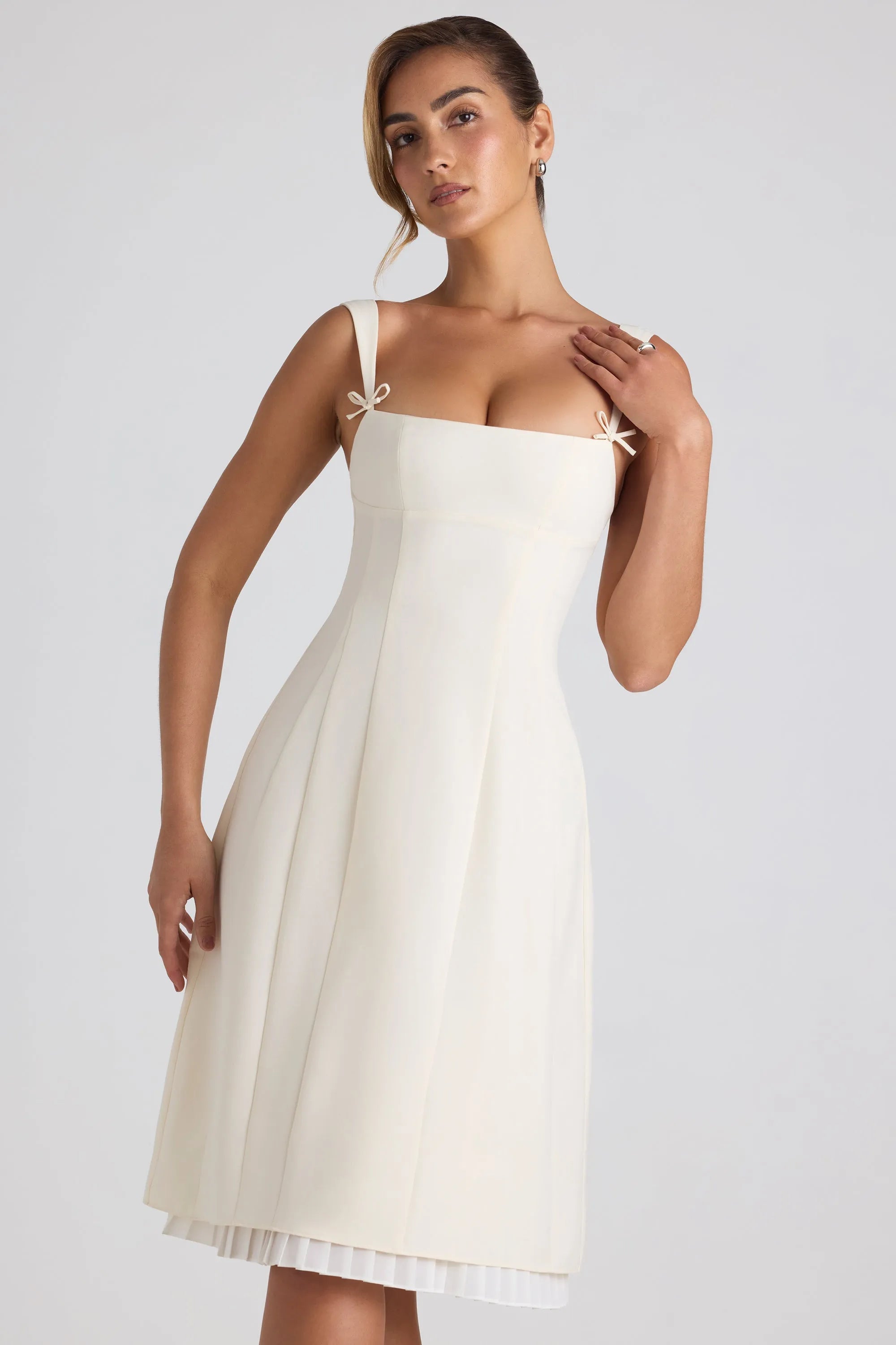 Bow-Detail Pleated A-Line Midi Dress in Ivory